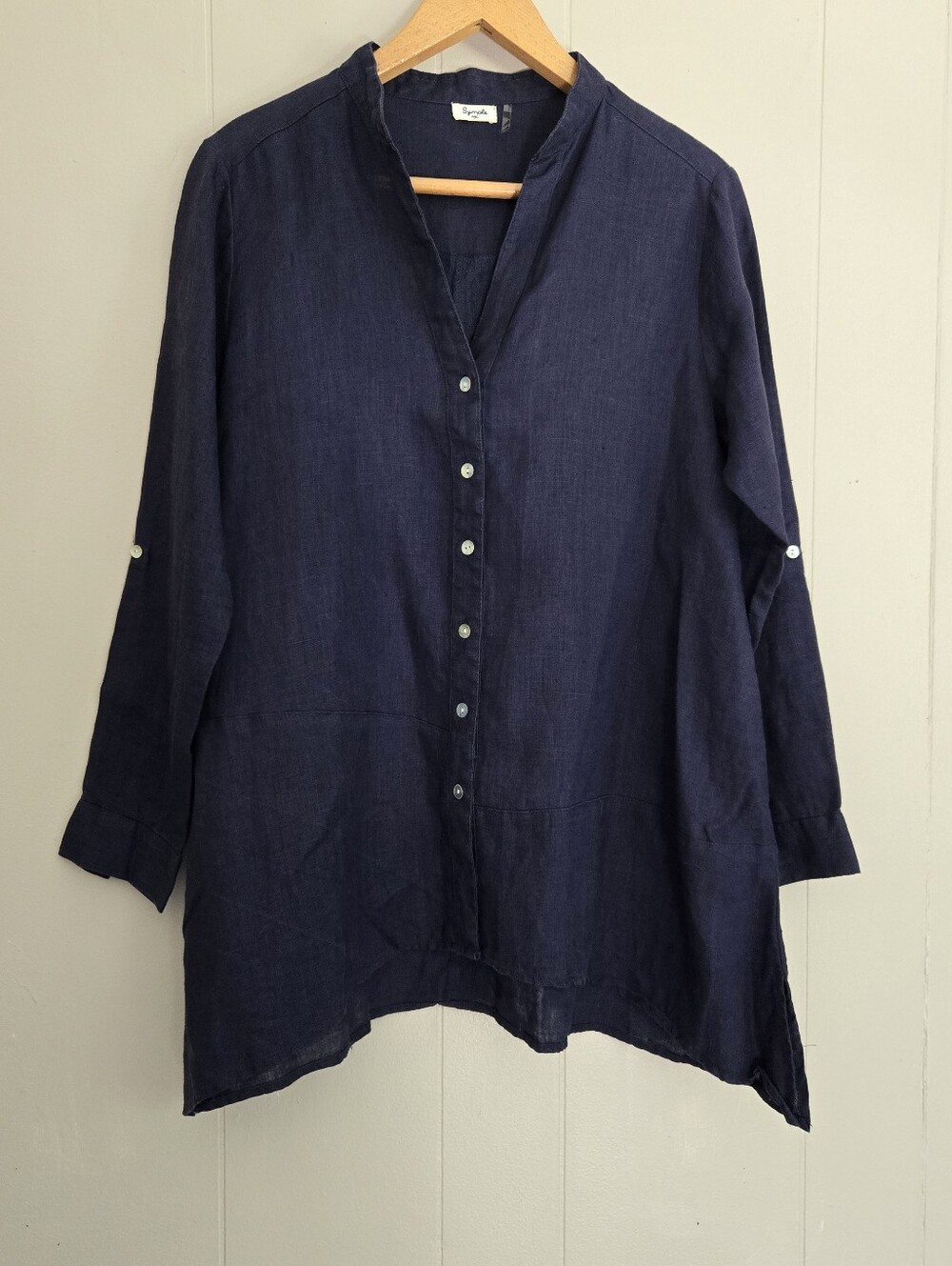 Symple NYC Linen Tunic Button Up Shirt Navy Boho Relaxed Coastal Grandma S